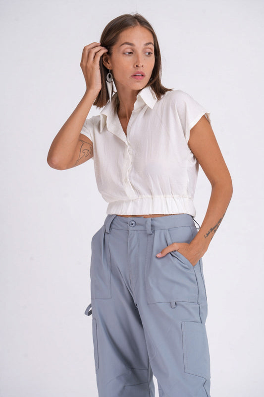 Collar Waist Elastic Crop Top