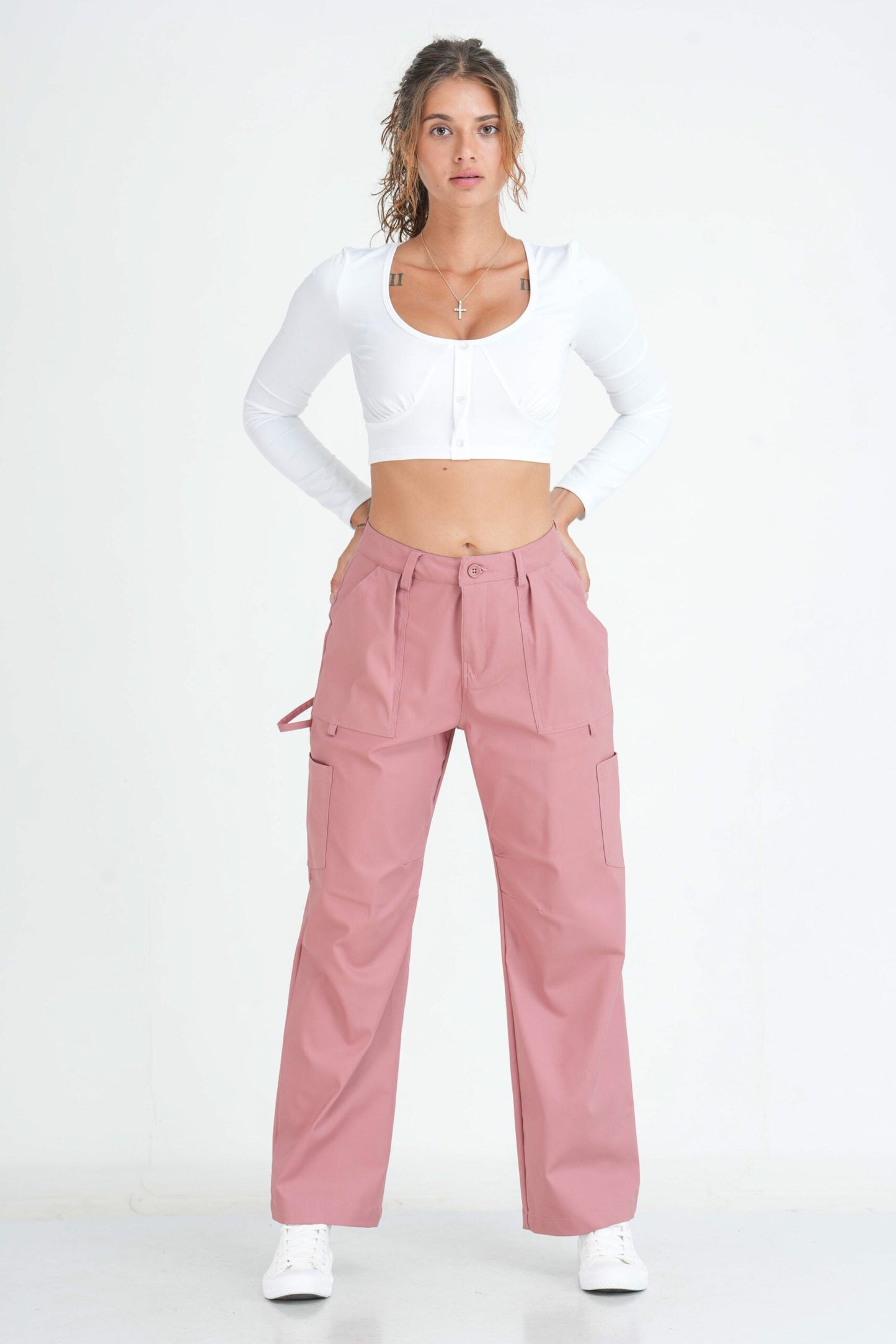 Button Detailed Solid Crop Top