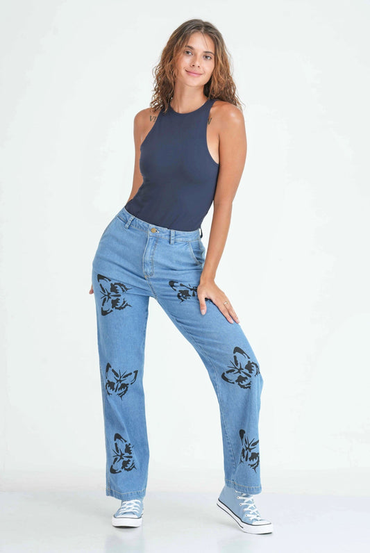 Butterfly Print Lose Fit Denim Pant